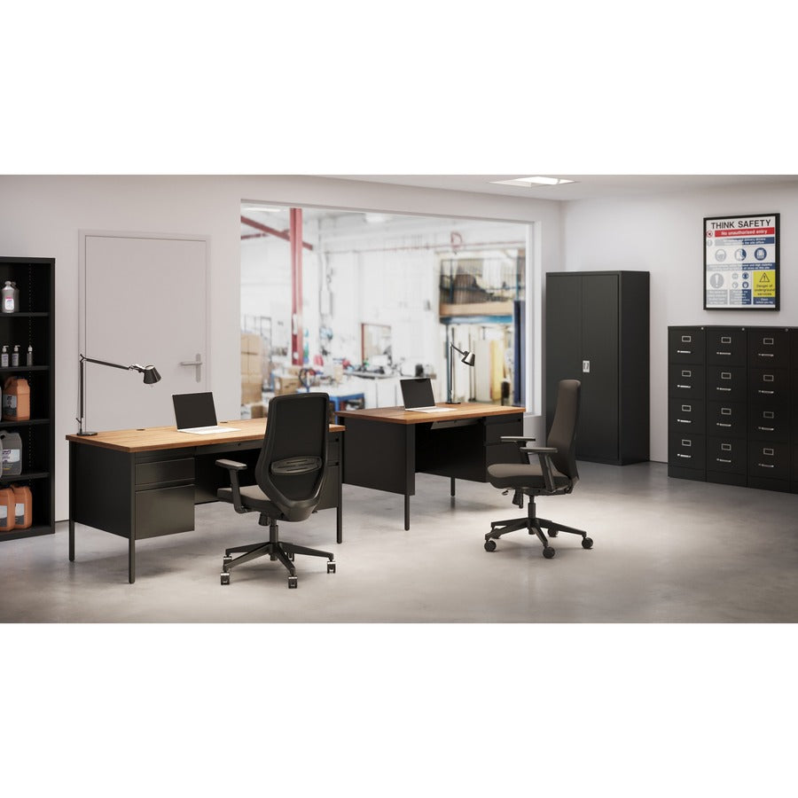 Lorell Fortress Series Double-Pedestal Desk - For - Table TopRectangle Top x 60" Table Top Width x 30" Table Top Depth x 1.12" Table Top Thickness - 29.50" Height - Assembly Required - Black Walnut, Laminated, Walnut - Steel - 1 Each