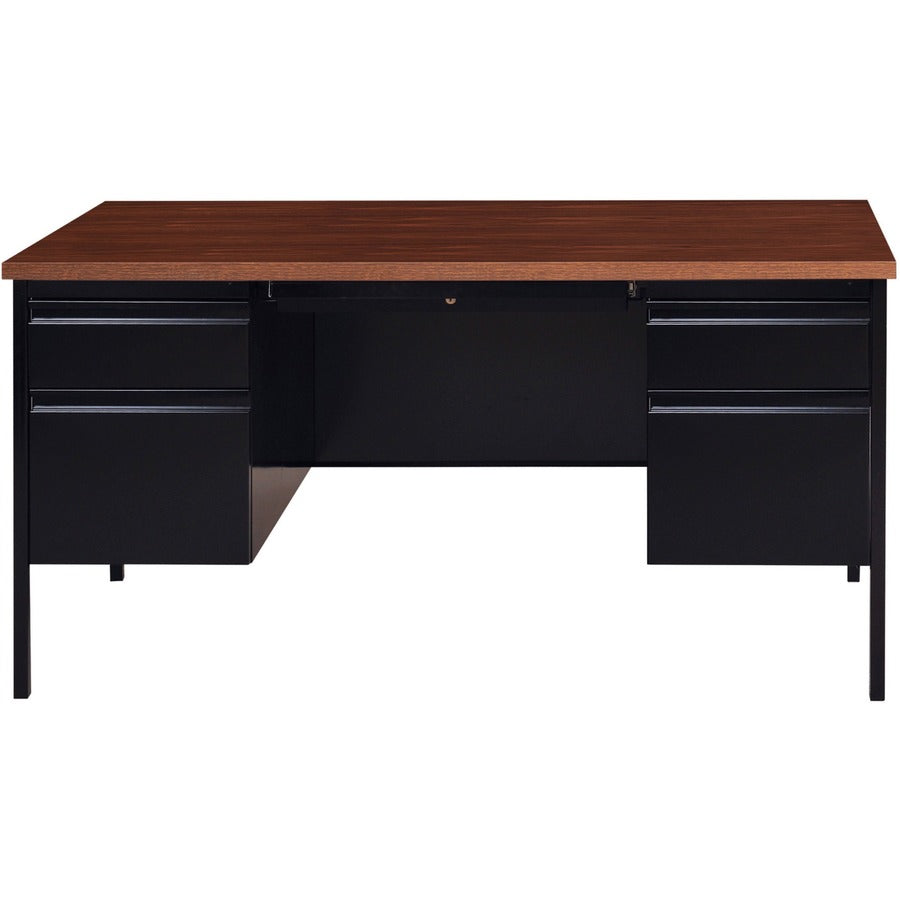 Lorell Fortress Series Double-Pedestal Desk - For - Table TopRectangle Top x 60" Table Top Width x 30" Table Top Depth x 1.12" Table Top Thickness - 29.50" Height - Assembly Required - Black Walnut, Laminated, Walnut - Steel - 1 Each