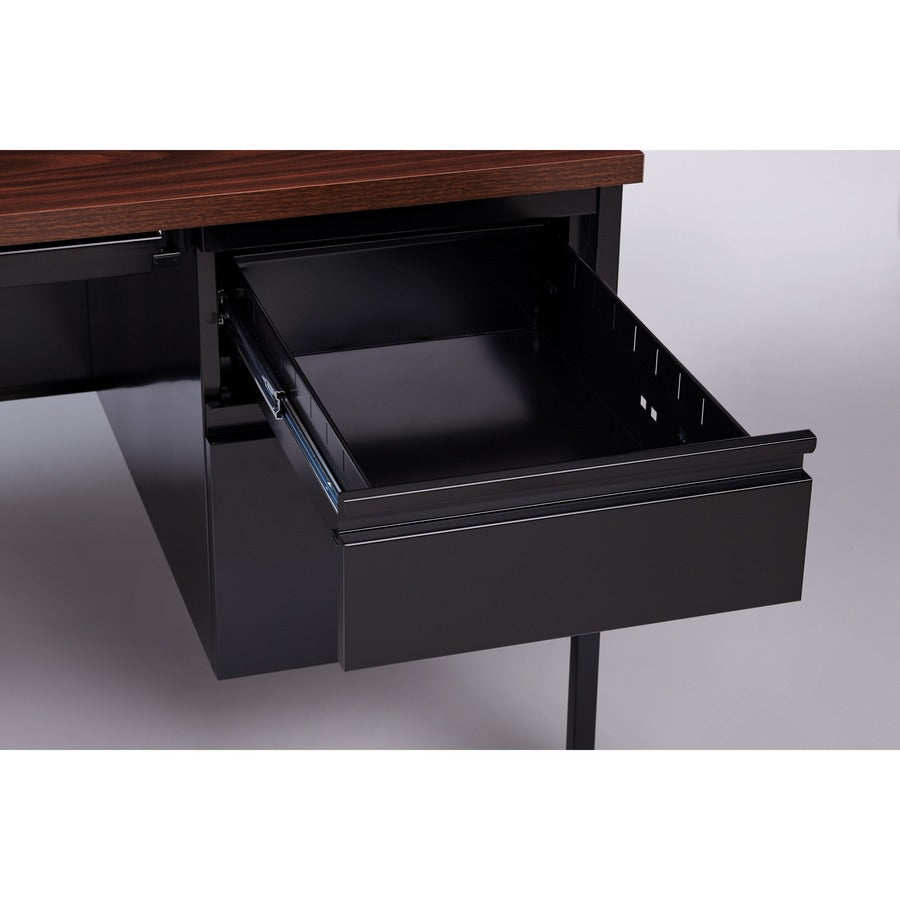 Lorell Fortress Series Double-Pedestal Desk - For - Table TopRectangle Top x 60" Table Top Width x 30" Table Top Depth x 1.12" Table Top Thickness - 29.50" Height - Assembly Required - Black Walnut, Laminated, Walnut - Steel - 1 Each