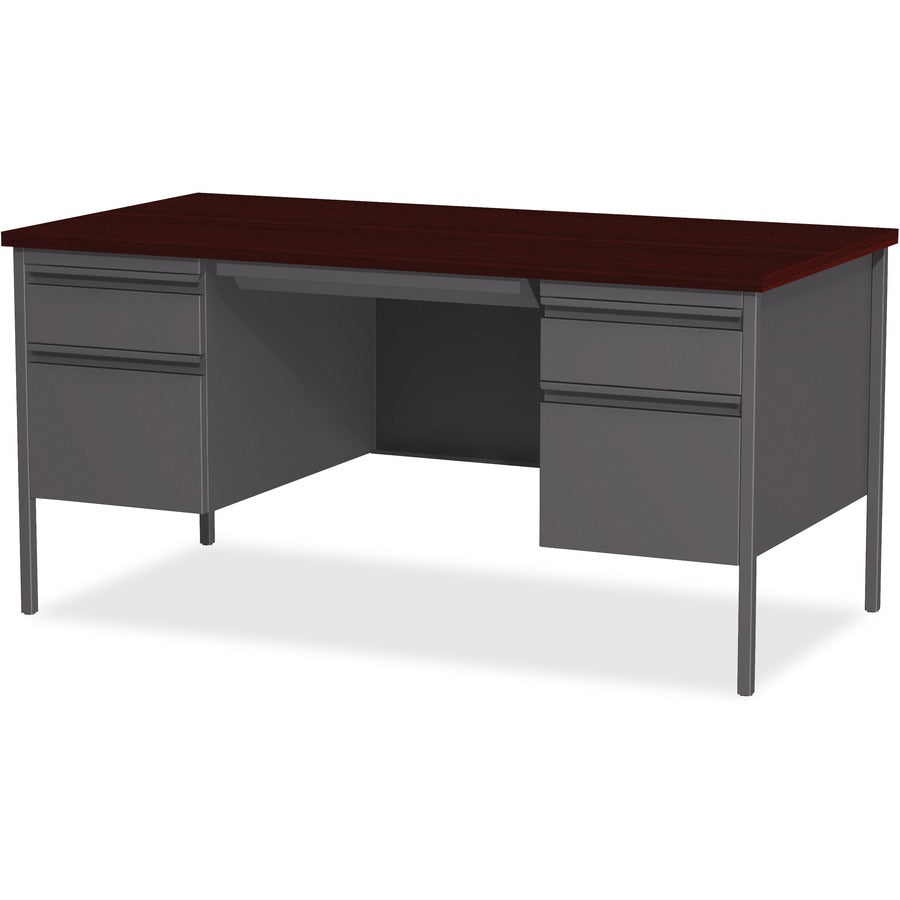 Lorell Fortress Series Double-Pedestal Desk - For - Table TopRectangle Top x 60" Table Top Width x 30" Table Top Depth x 1.12" Table Top Thickness - 29.50" Height - Assembly Required - Laminated, Mahogany - Steel - 1 Each