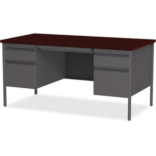 Lorell Fortress Series Double-Pedestal Desk - For - Table TopRectangle Top x 60" Table Top Width x 30" Table Top Depth x 1.12" Table Top Thickness - 29.50" Height - Assembly Required - Laminated, Mahogany - Steel - 1 Each