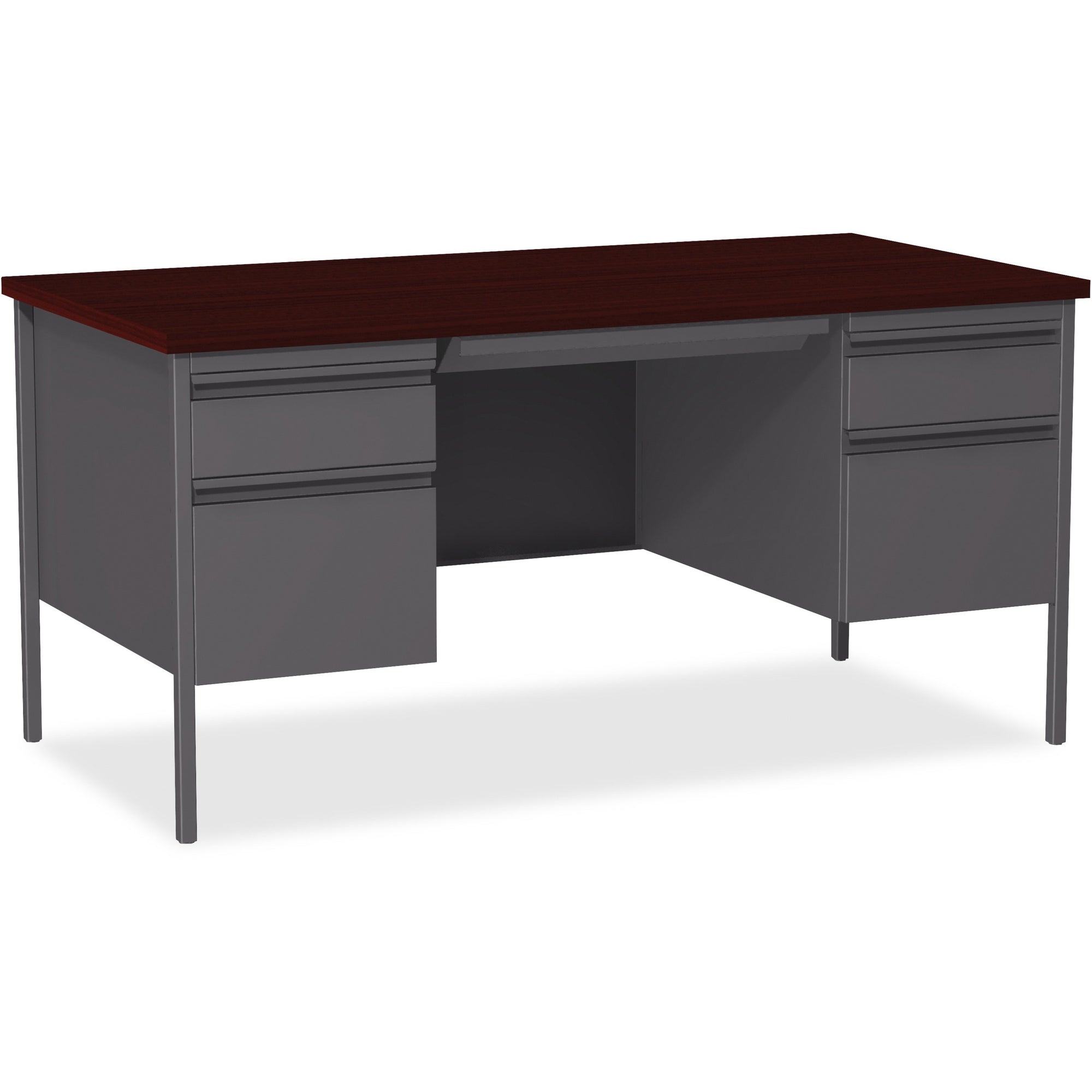 Lorell Fortress Series Double-Pedestal Desk - For - Table TopRectangle Top x 60" Table Top Width x 30" Table Top Depth x 1.12" Table Top Thickness - 29.50" Height - Assembly Required - Laminated, Mahogany - Steel - 1 Each