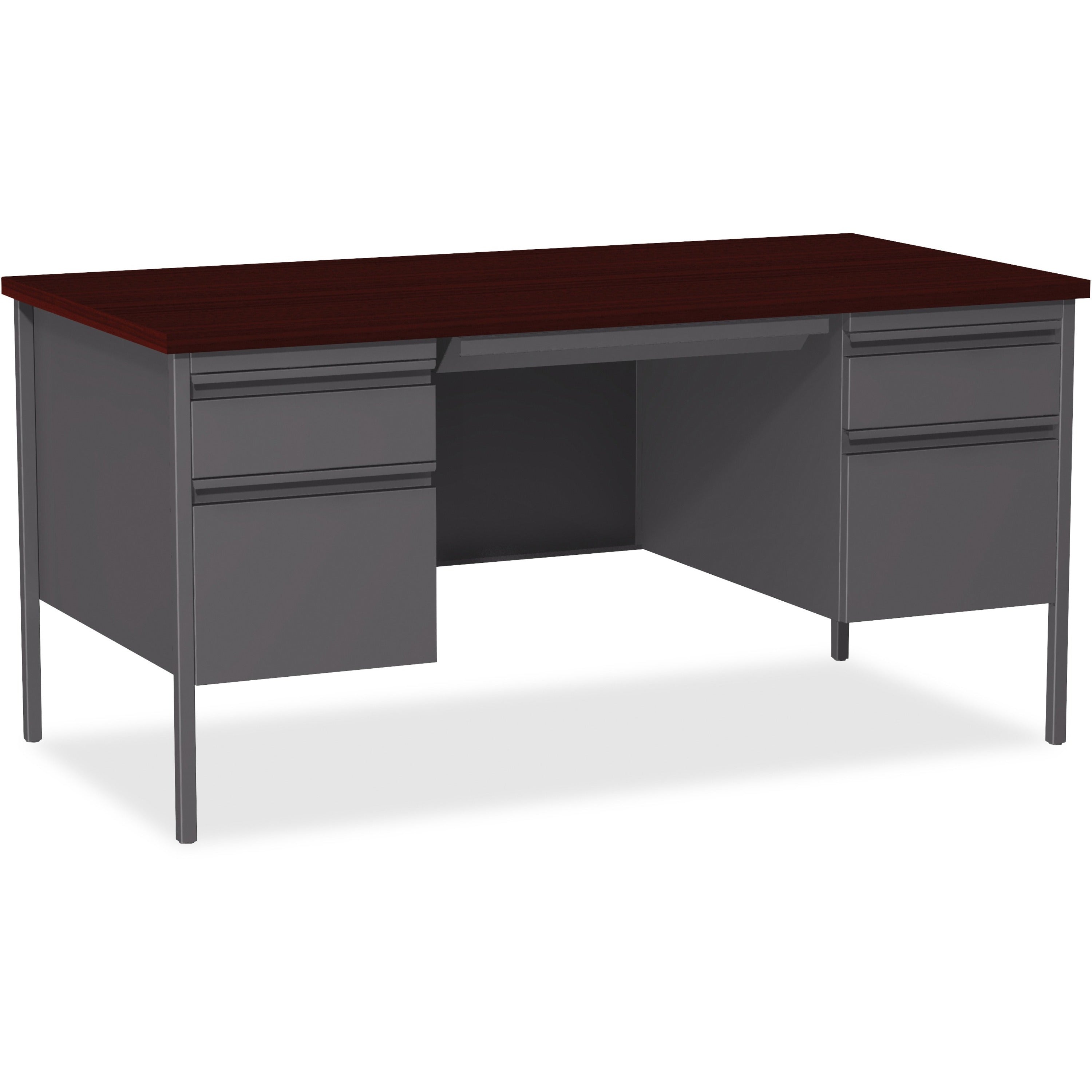 Lorell Fortress Series Double-Pedestal Desk - For - Table TopRectangle Top x 60" Table Top Width x 30" Table Top Depth x 1.12" Table Top Thickness - 29.50" Height - Assembly Required - Laminated, Mahogany - Steel - 1 Each