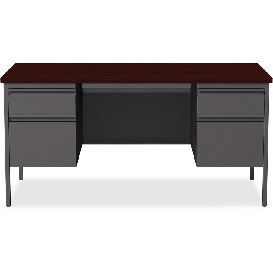 Lorell Fortress Series Double-Pedestal Desk - For - Table TopRectangle Top x 60" Table Top Width x 30" Table Top Depth x 1.12" Table Top Thickness - 29.50" Height - Assembly Required - Laminated, Mahogany - Steel - 1 Each
