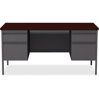 Lorell Fortress Series Double-Pedestal Desk - For - Table TopRectangle Top x 60" Table Top Width x 30" Table Top Depth x 1.12" Table Top Thickness - 29.50" Height - Assembly Required - Laminated, Mahogany - Steel - 1 Each