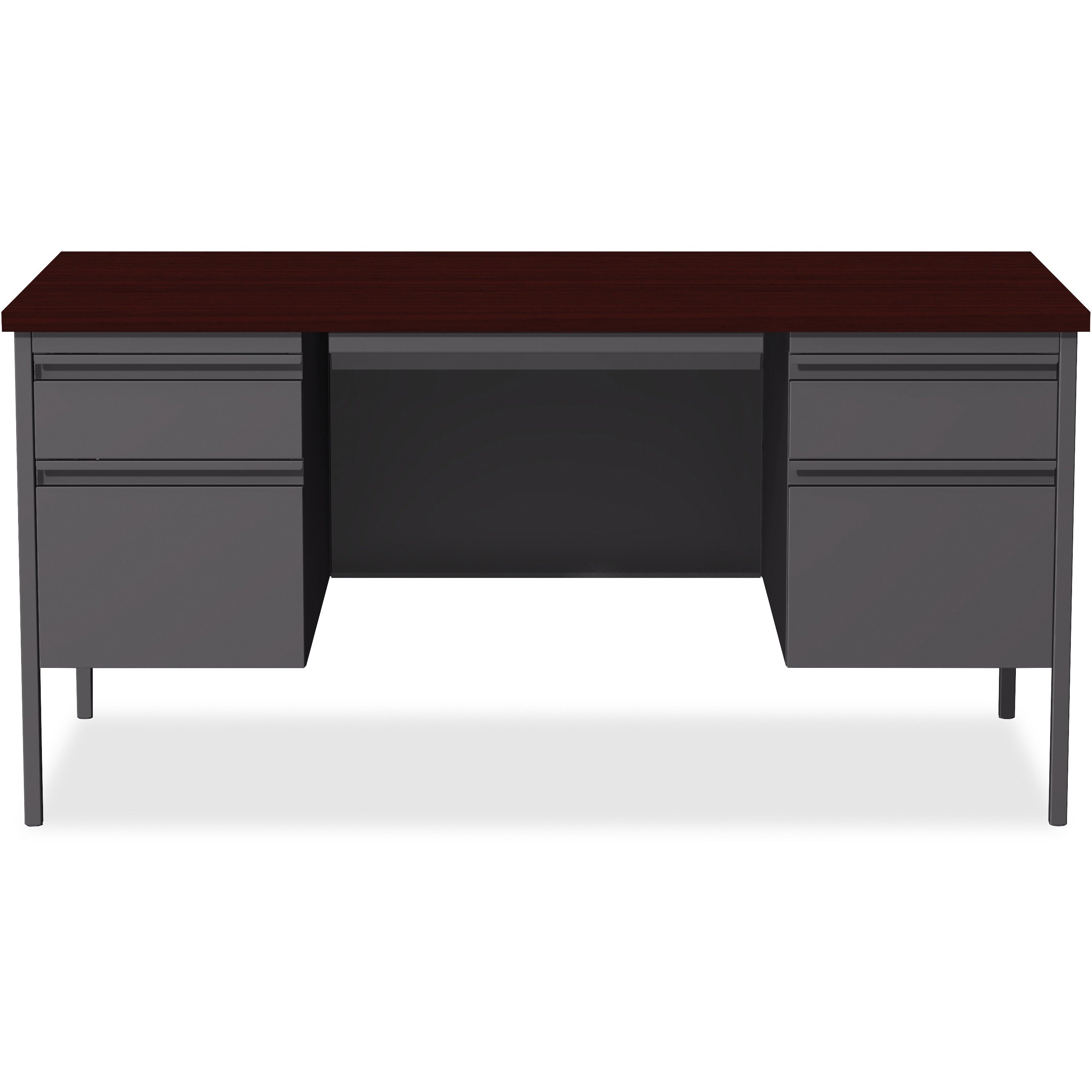 lorell-fortress-series-double-pedestal-desk-for-table-toprectangle-top-x-60-table-top-width-x-30-table-top-depth-x-112-table-top-thickness-2950-height-assembly-required-laminated-mahogany-steel-1-each_llr60928 - 2
