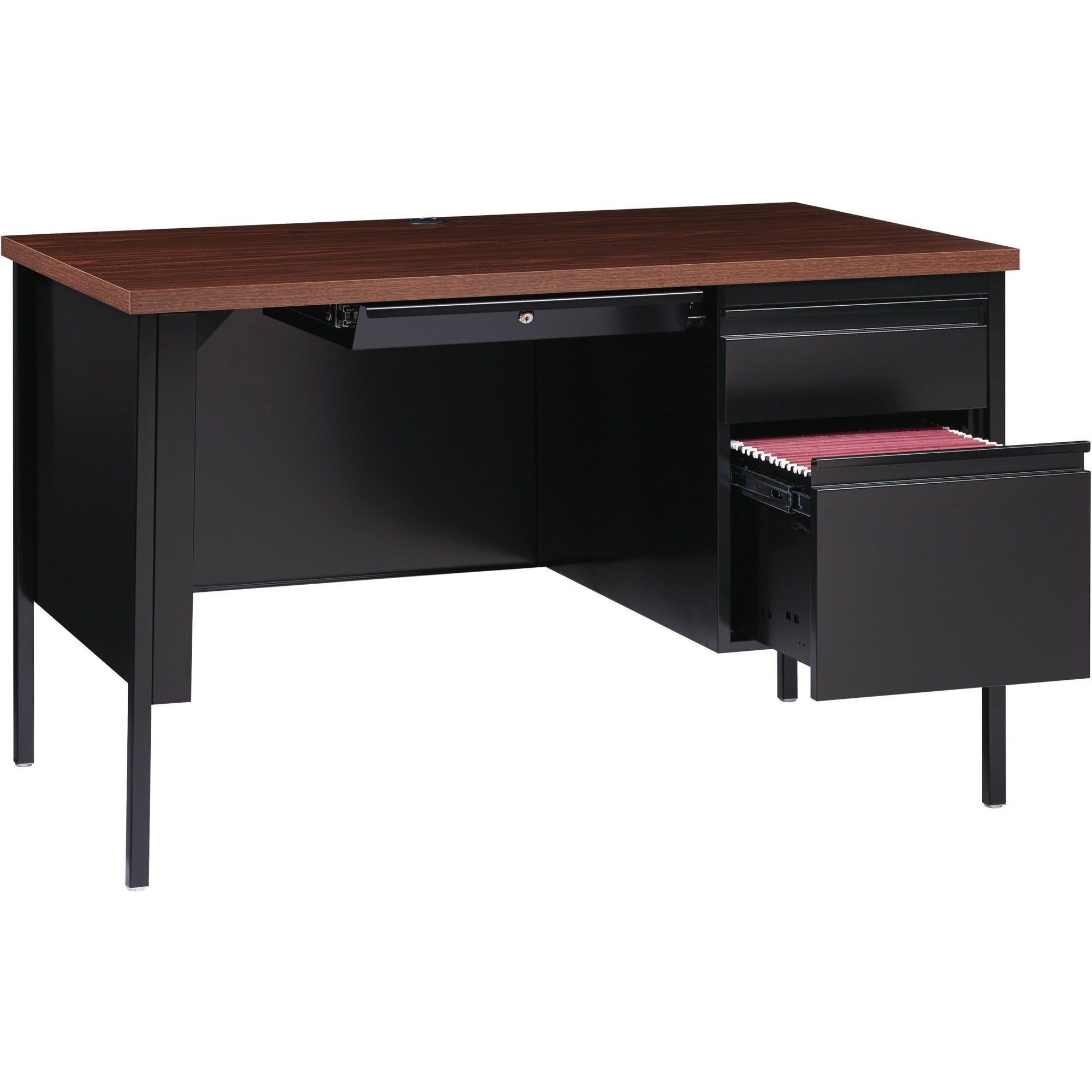 lorell-fortress-series-48-right-single-pedestal-desk-for-table-toplaminated-rectangle-walnut-top-30-table-top-length-x-48-table-top-width-x-113-table-top-thickness-2950-height-assembly-required-black-walnut-steel-1-each_llr66902 - 5