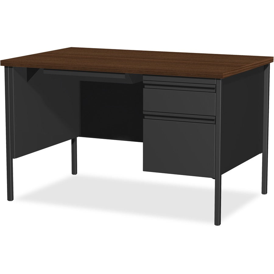 Lorell Fortress Series 48" Right Single-Pedestal Desk - For - Table TopLaminated Rectangle, Walnut Top - 30" Table Top Length x 48" Table Top Width x 1.13" Table Top Thickness - 29.50" Height - Assembly Required - Black Walnut - Steel - 1 Each