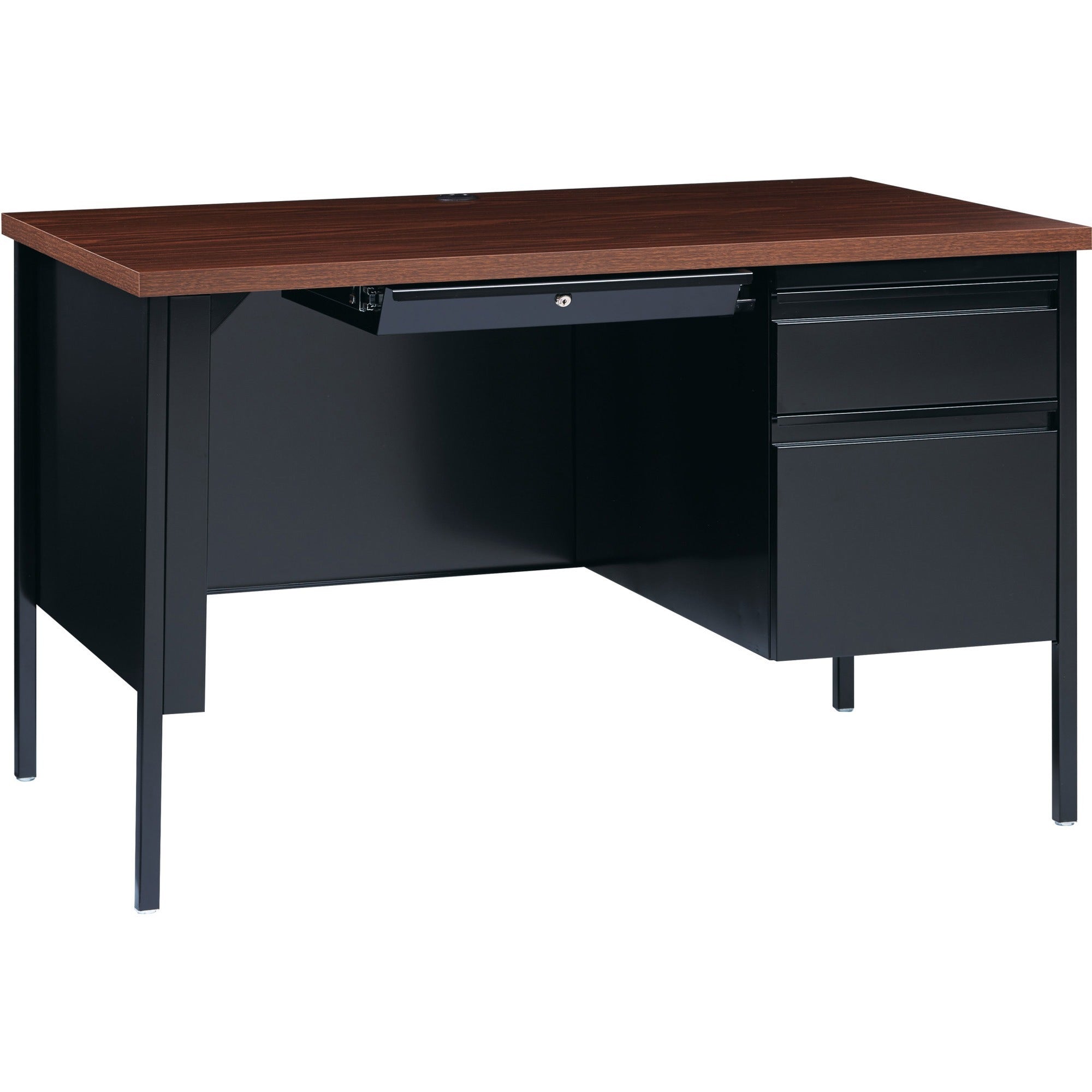 Lorell Fortress Series 48" Right Single-Pedestal Desk - For - Table TopLaminated Rectangle, Walnut Top - 30" Table Top Length x 48" Table Top Width x 1.13" Table Top Thickness - 29.50" Height - Assembly Required - Black Walnut - Steel - 1 Each