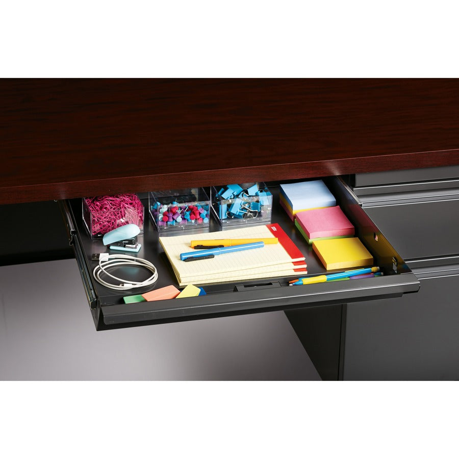Lorell Fortress Series 48" Right Single-Pedestal Desk - For - Table TopLaminated Rectangle, Mahogany Top - 30" Table Top Length x 48" Table Top Width x 1.13" Table Top Thickness - 29.50" Height - Assembly Required - Mahogany - Steel - 1 Each