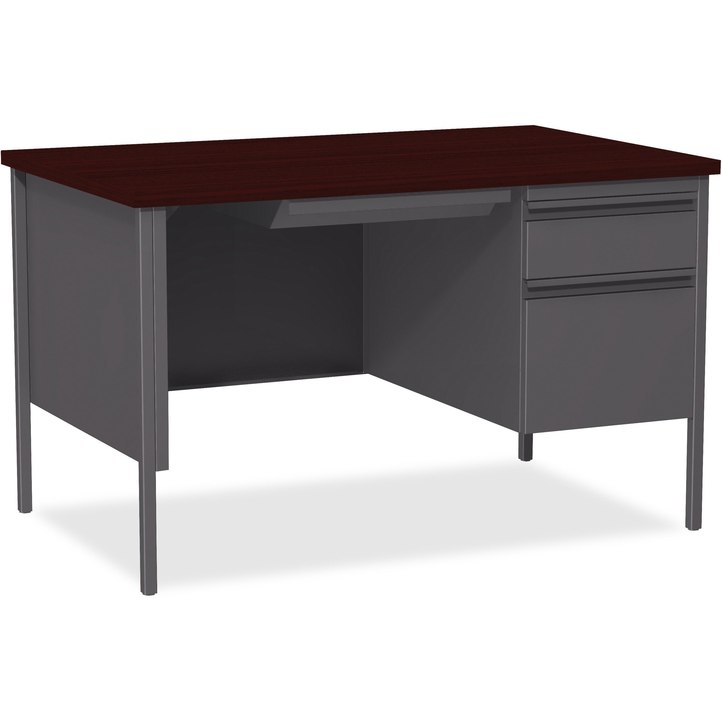 Lorell Fortress Series 48" Right Single-Pedestal Desk - For - Table TopLaminated Rectangle, Mahogany Top - 30" Table Top Length x 48" Table Top Width x 1.13" Table Top Thickness - 29.50" Height - Assembly Required - Mahogany - Steel - 1 Each