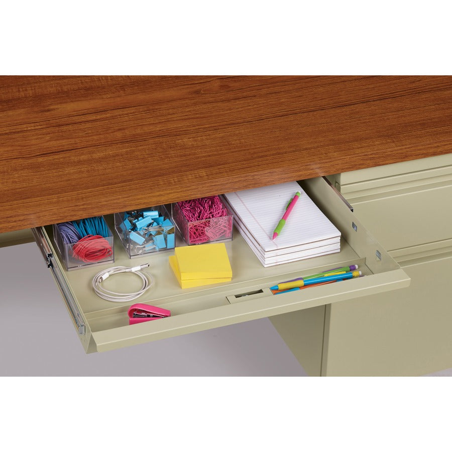 Lorell Fortress Series 66" Right-Pedestal Desk - For - Table TopOak Laminate Rectangle Top - 30" Table Top Length x 66" Table Top Width x 1.13" Table Top Thickness - 29.50" Height - Assembly Required - Oak, Putty - Steel - 1 Each