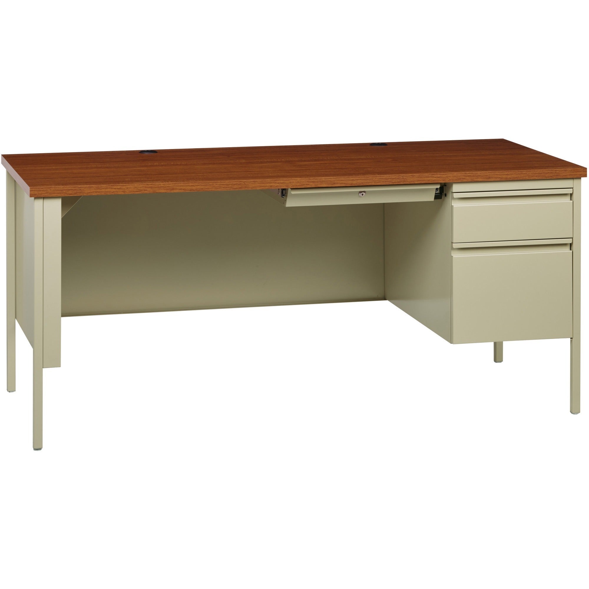 lorell-fortress-series-66-right-pedestal-desk-for-table-topoak-laminate-rectangle-top-30-table-top-length-x-66-table-top-width-x-113-table-top-thickness-2950-height-assembly-required-oak-putty-steel-1-each_llr66904 - 1