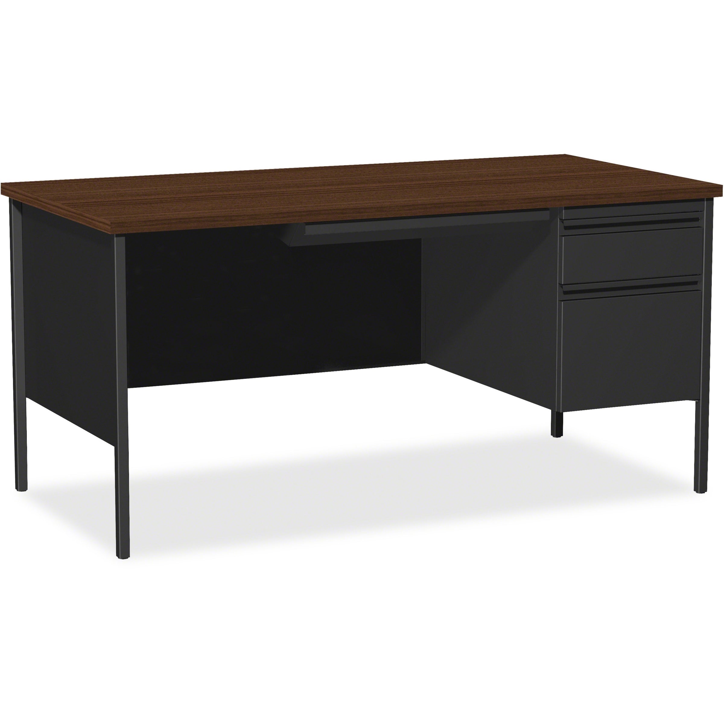 Lorell Fortress Series 66" Right-Pedestal Desk - For - Table TopLaminated Rectangle, Walnut Top - 30" Table Top Length x 66" Table Top Width x 1.13" Table Top Thickness - 29.50" Height - Assembly Required - Black Walnut - Steel - 1 Each