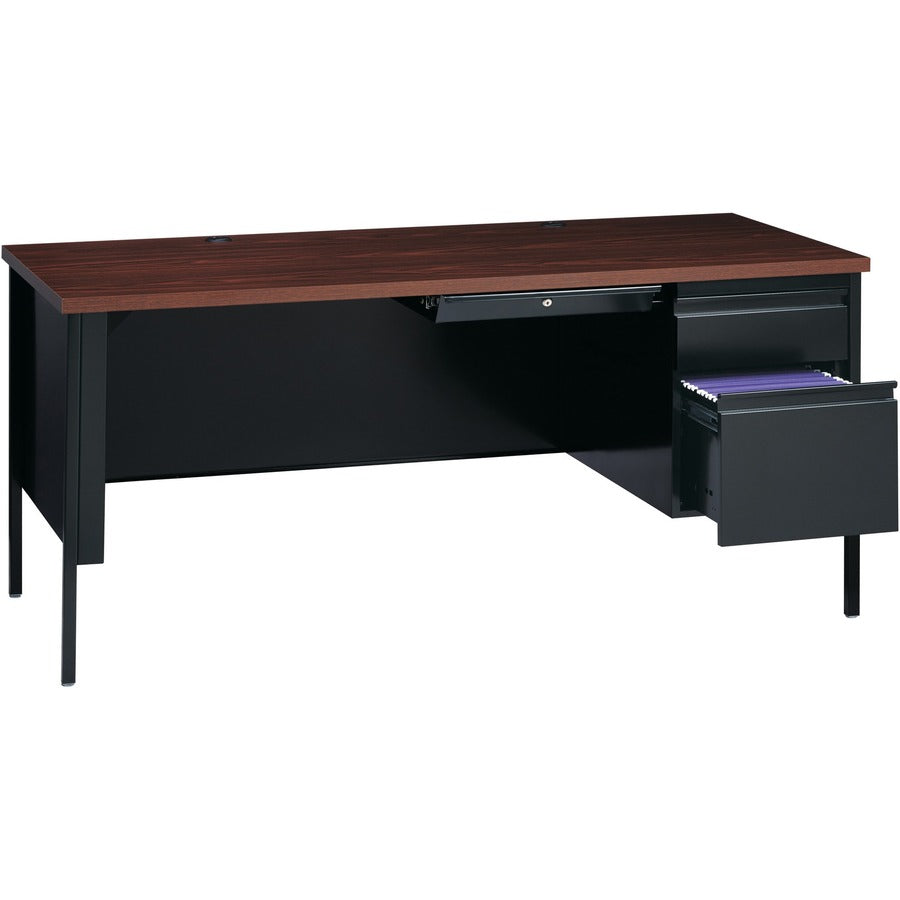 Lorell Fortress Series 66" Right-Pedestal Desk - For - Table TopLaminated Rectangle, Walnut Top - 30" Table Top Length x 66" Table Top Width x 1.13" Table Top Thickness - 29.50" Height - Assembly Required - Black Walnut - Steel - 1 Each