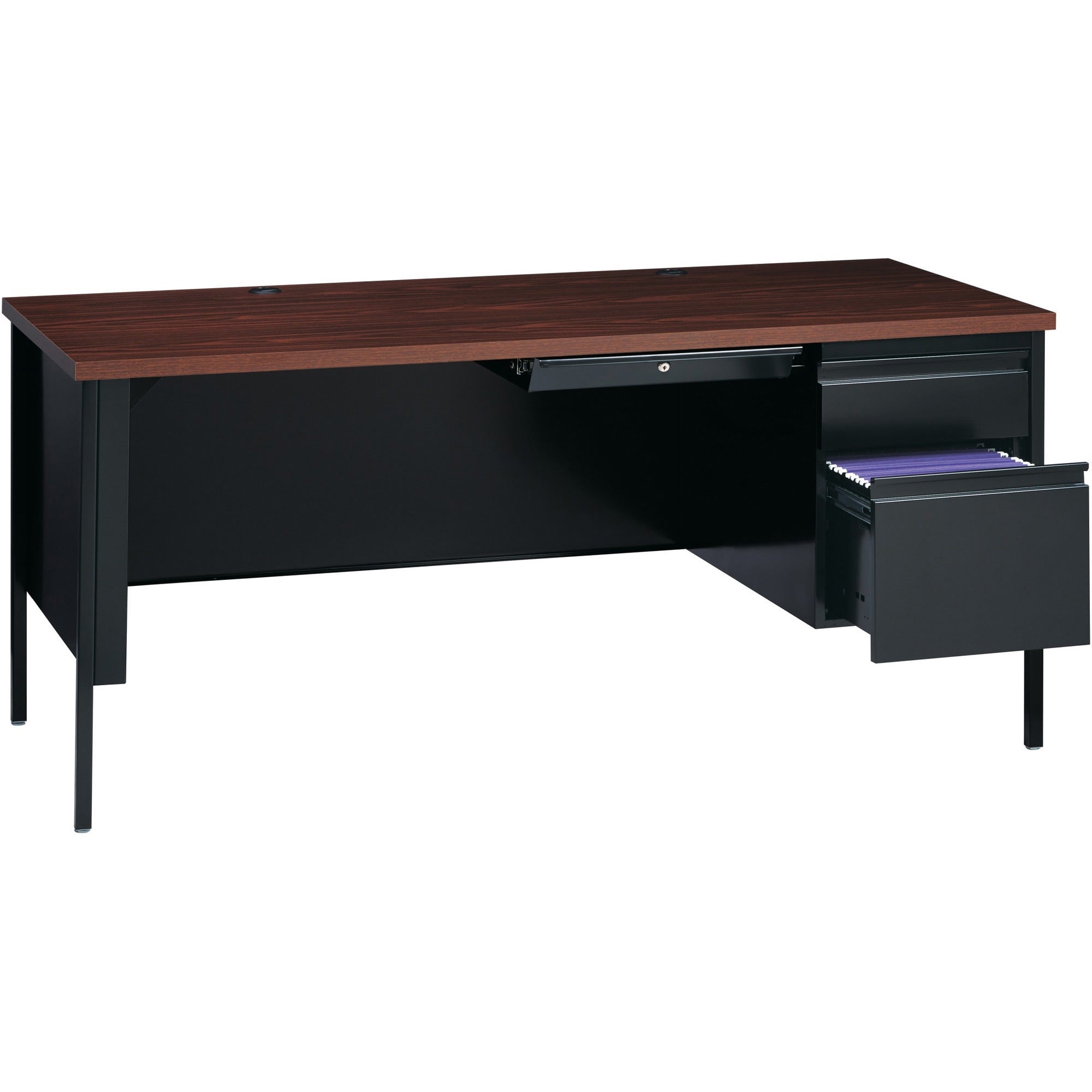 lorell-fortress-series-66-right-pedestal-desk-for-table-toplaminated-rectangle-walnut-top-30-table-top-length-x-66-table-top-width-x-113-table-top-thickness-2950-height-assembly-required-black-walnut-steel-1-each_llr66905 - 5