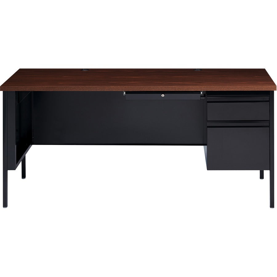 Lorell Fortress Series 66" Right-Pedestal Desk - For - Table TopLaminated Rectangle, Walnut Top - 30" Table Top Length x 66" Table Top Width x 1.13" Table Top Thickness - 29.50" Height - Assembly Required - Black Walnut - Steel - 1 Each