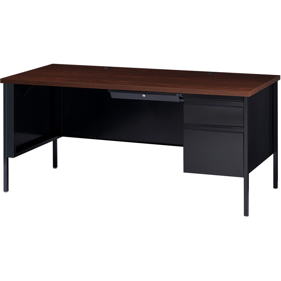 Lorell Fortress Series 66" Right-Pedestal Desk - For - Table TopLaminated Rectangle, Walnut Top - 30" Table Top Length x 66" Table Top Width x 1.13" Table Top Thickness - 29.50" Height - Assembly Required - Black Walnut - Steel - 1 Each