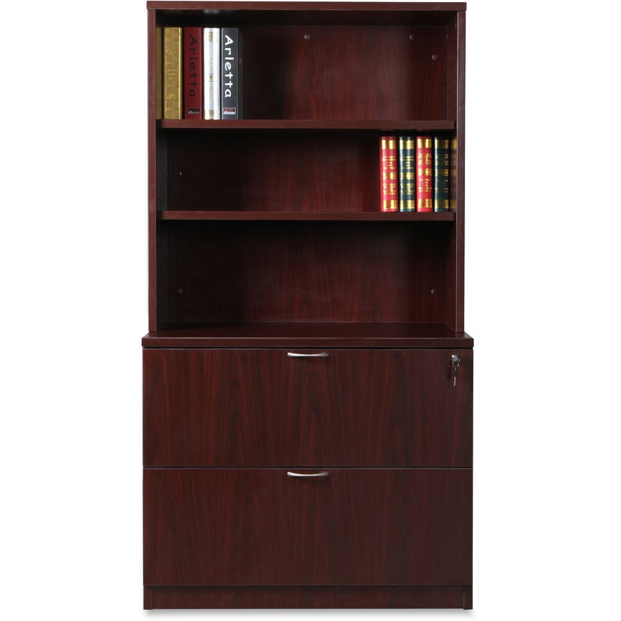 lorell-essentials-series-stack-on-bookshelf-36-x-15-x-36-2-x-shelfves-stackable-mahogany-laminate-mfc-polyvinyl-chloride-pvc-assembly-required_llr69614 - 6