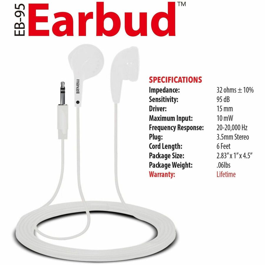 EB-95 Stereo Earbuds, 4 ft Cord, White