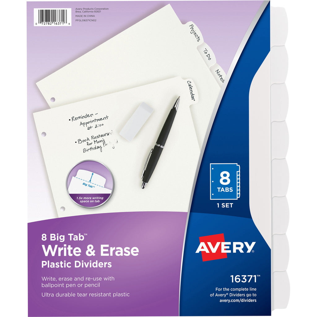 Write and Erase Big Tab Durable Plastic Dividers, 3-Hole Punched, 8-Tab, 11 x 8.5, White, 1 Set