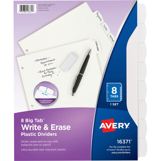 Write and Erase Big Tab Durable Plastic Dividers, 3-Hole Punched, 8-Tab, 11 x 8.5, White, 1 Set