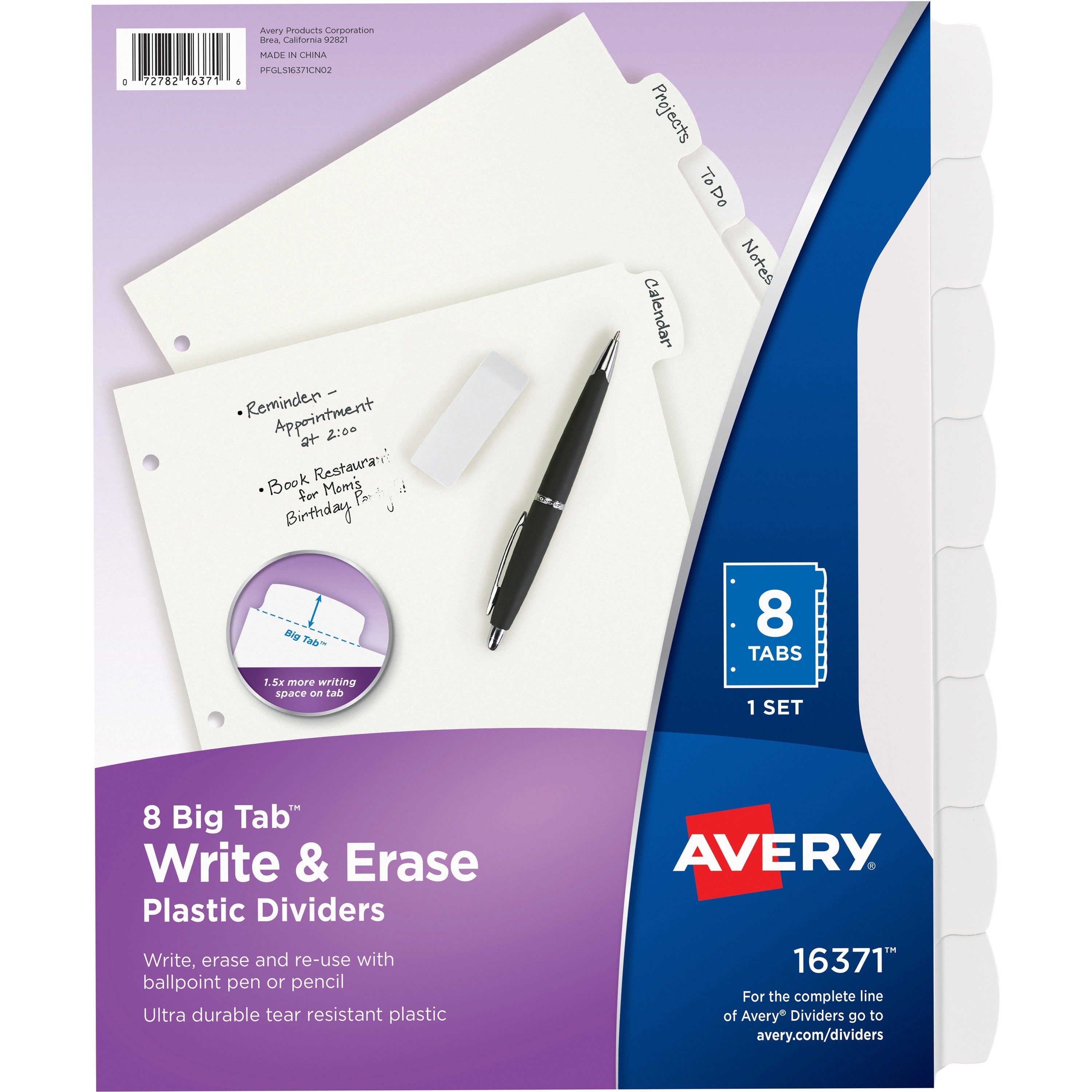 Write and Erase Big Tab Durable Plastic Dividers, 3-Hole Punched, 8-Tab, 11 x 8.5, White, 1 Set