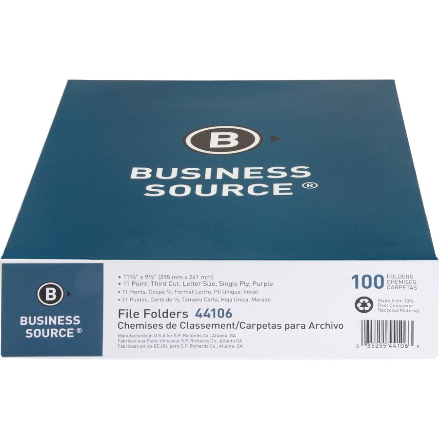 Business Source 1/3 Tab Cut Recycled Top Tab File Folder - Purple - 10% Recycled - 100 / Box