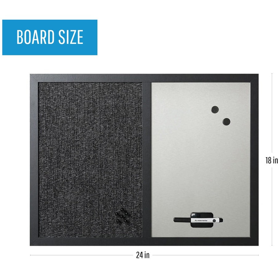 Designer Combo Fabric Bulletin/Dry Erase Board, 24 x 18, Charcoal/Gray Surface, Black MDF Wood Frame