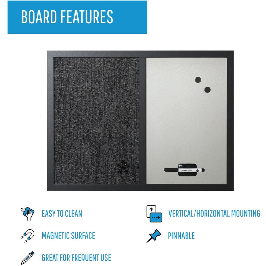 Designer Combo Fabric Bulletin/Dry Erase Board, 24 x 18, Charcoal/Gray Surface, Black MDF Wood Frame