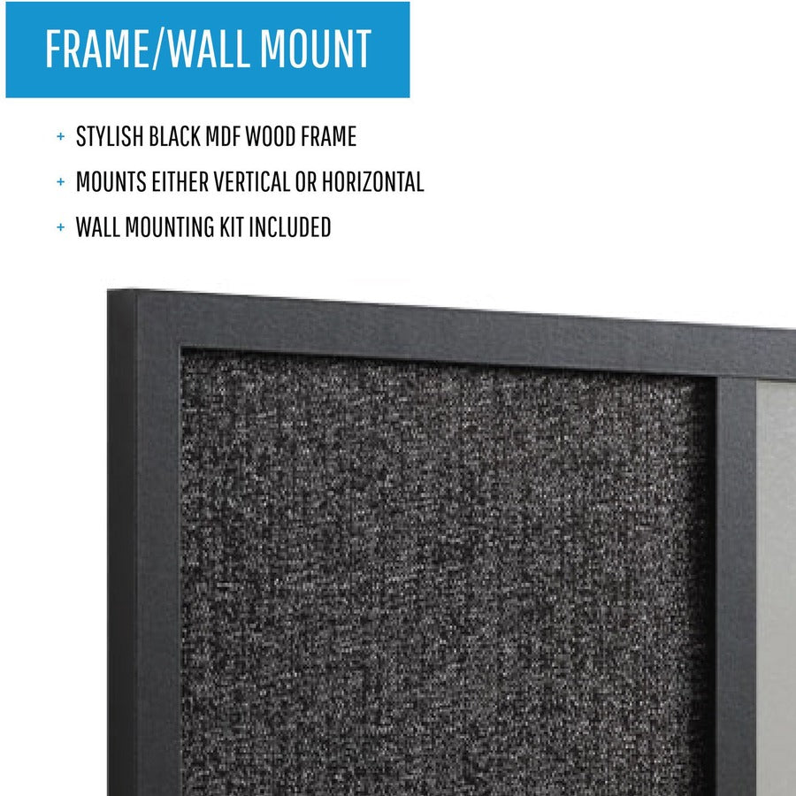 Designer Combo Fabric Bulletin/Dry Erase Board, 24 x 18, Charcoal/Gray Surface, Black MDF Wood Frame