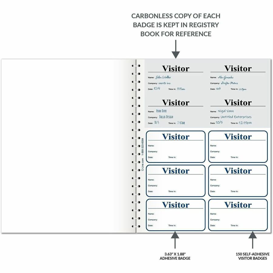 Visitor Badges with Registry Log, 3 5/8 x 1 7/8, White, 150 Badges/Box