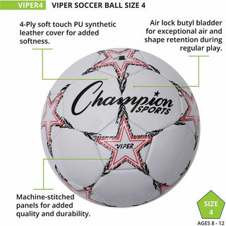 VIPER Soccer Ball, No. 4 Size, 8" to 8.25" Diameter, White