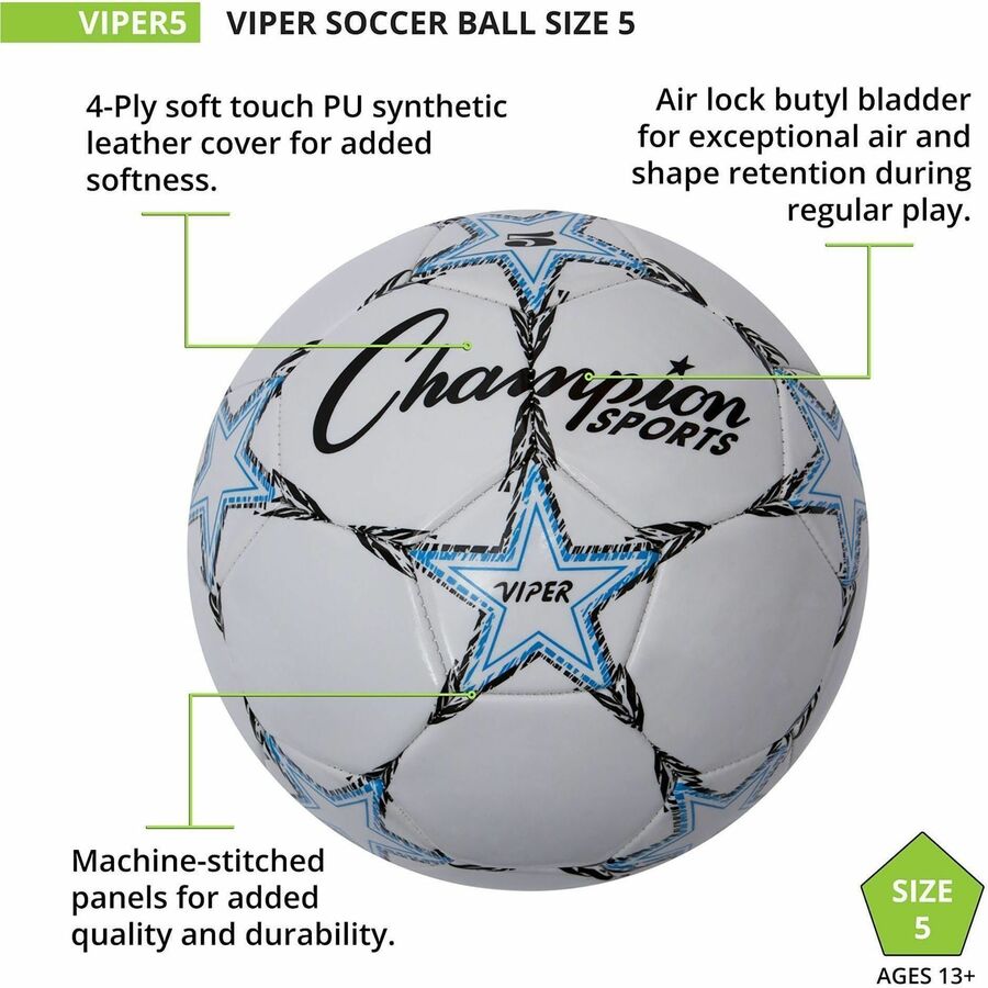 VIPER Soccer Ball, No. 5. Size, 8.5" to 9" Diameter, White