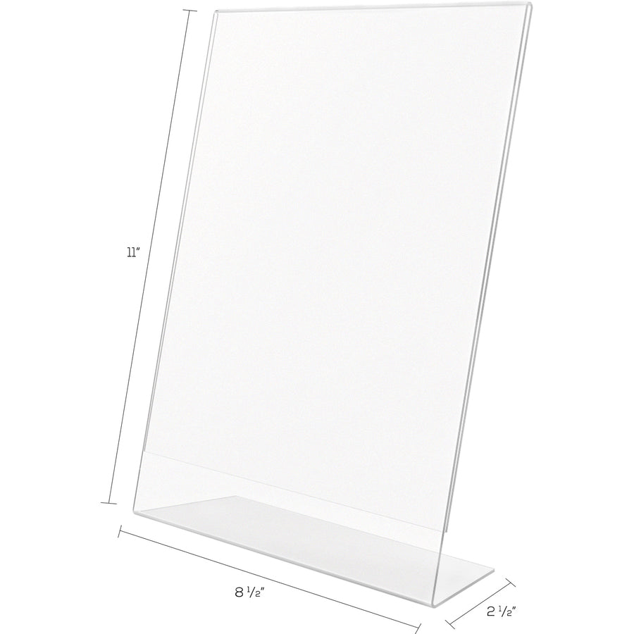 Deflecto Anti-Glare Slanted Sign Holder - Portrait - 11" x 8.5" x 2.5" x - Acrylic - 1 Each - Clear - Anti-glare, Scratch Resistant, Durable, Heavy Duty, Double-sided