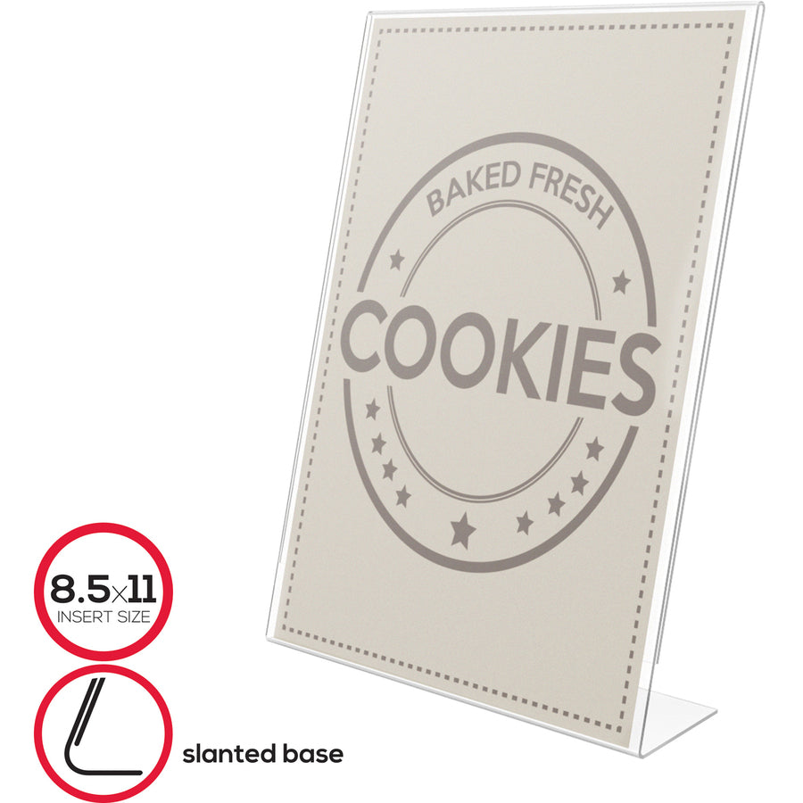 Deflecto Anti-Glare Slanted Sign Holder - Portrait - 11" x 8.5" x 2.5" x - Acrylic - 1 Each - Clear - Anti-glare, Scratch Resistant, Durable, Heavy Duty, Double-sided