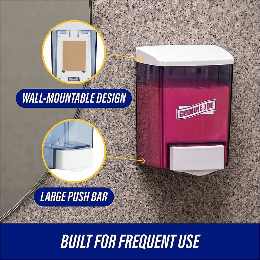 Genuine Joe 30 oz Soap Dispenser - Manual - 30 fl oz Capacity - See-through Tank, Water Resistant, Soft Push - 1Each