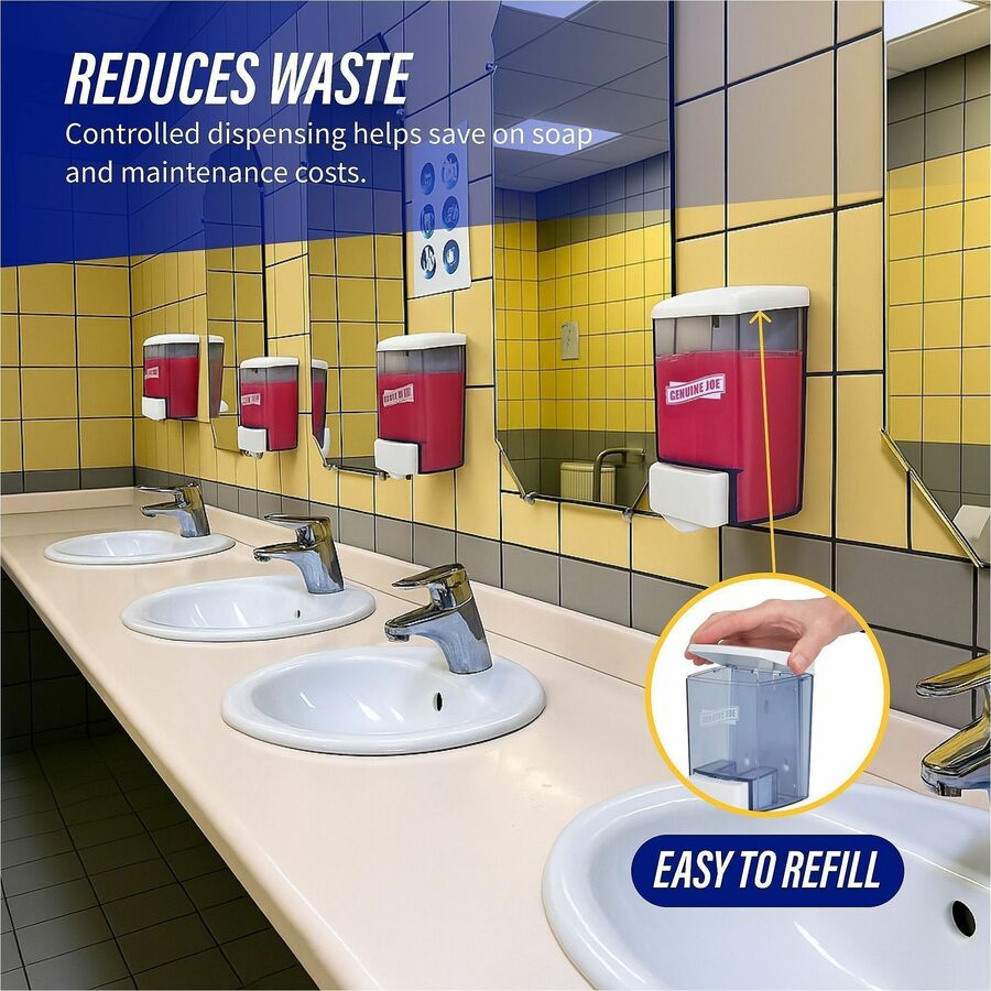 Genuine Joe 30 oz Soap Dispenser - Manual - 30 fl oz Capacity - See-through Tank, Water Resistant, Soft Push - 1Each
