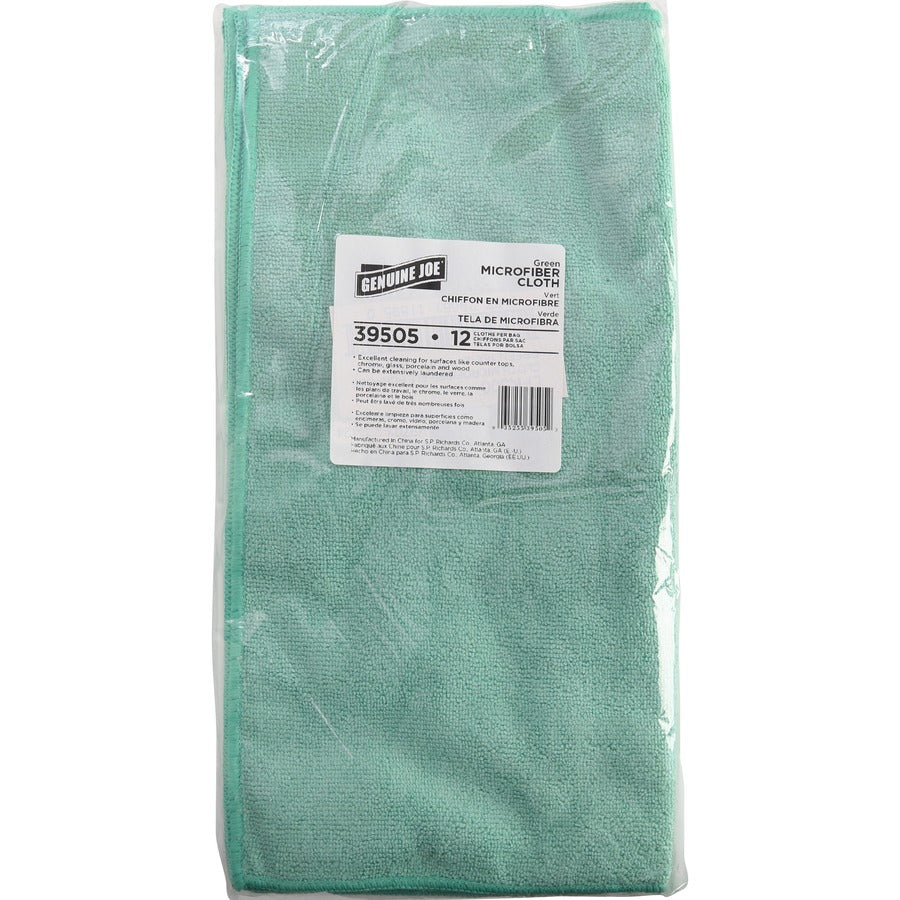 Genuine Joe General Purpose Microfiber Cloth - For Multipurpose - 16" Length x 16" Width - 12 / Bag - Chemical Resistant, Oil-free, Lint-free - Green - 