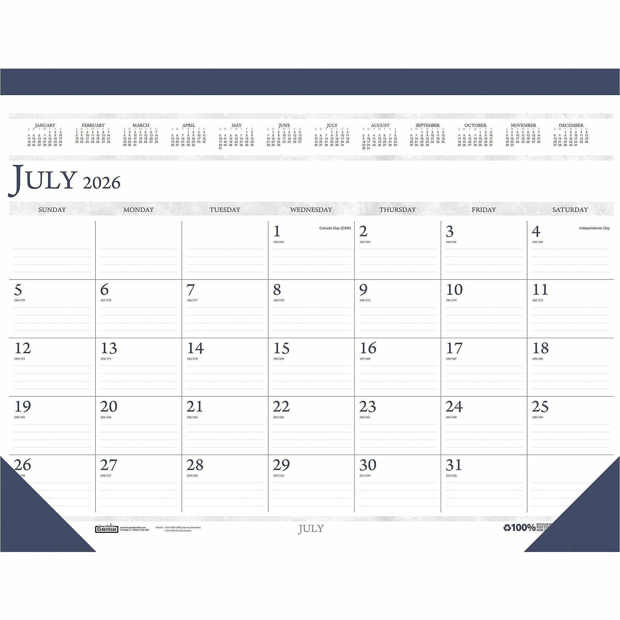 Recycled Academic Desk Pad Calendar, 18.5 x 13, White/Blue Sheets, Blue Binding/Corners, 14-Month (July to Aug): 2023 to 2024
