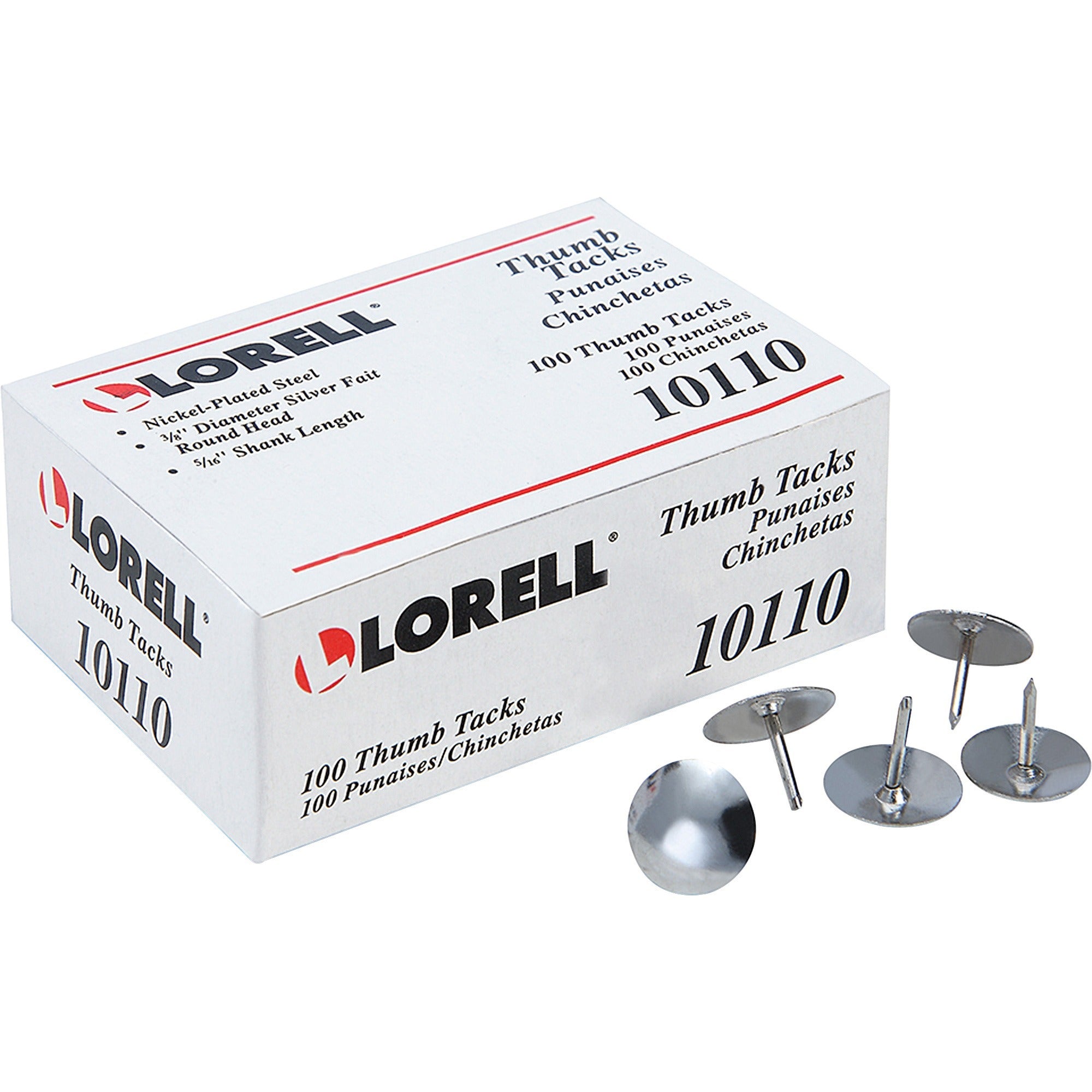 Lorell 5/16" Long Thumb Tacks - 0.31" Shank - 0.38" Head - for Schedule, Wall - 100 / Pack - Silver - Nickel Plated Steel - 