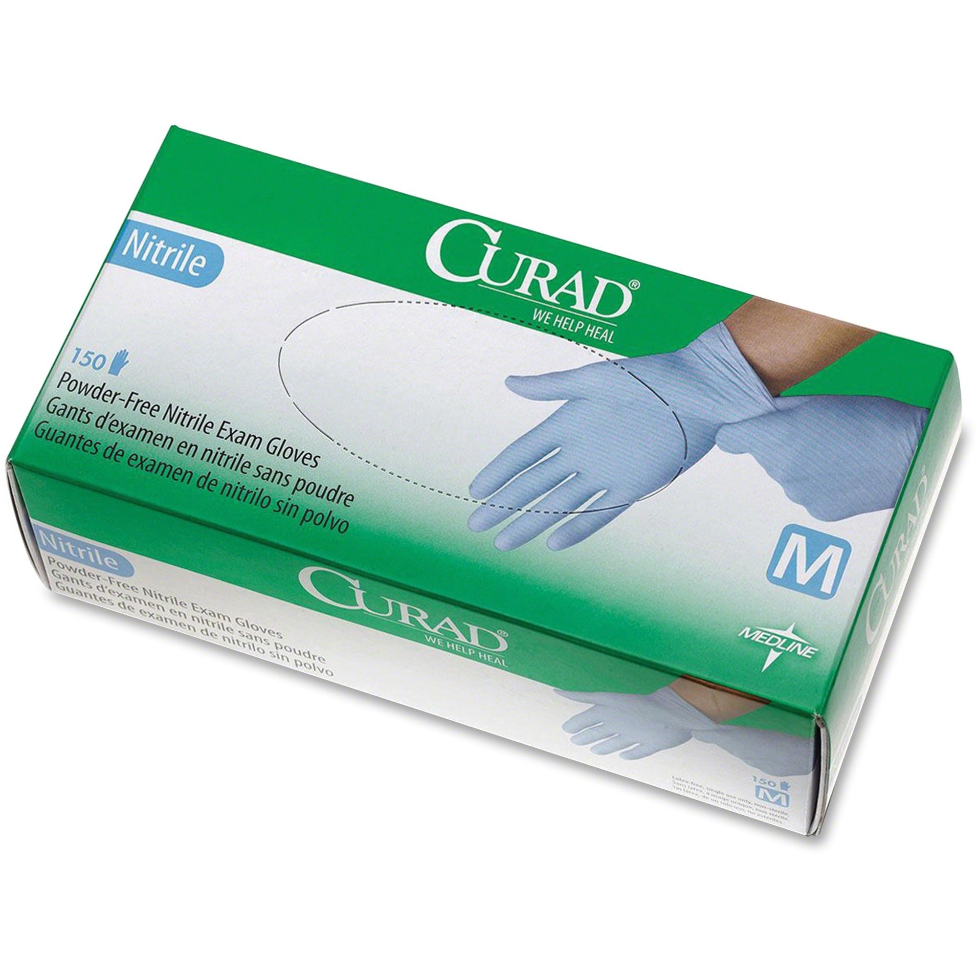Curad Powder-free Nitrile Disposable Exam Gloves - Medium Size - Full-Textured Design - Blue - Latex-free, Non-sterile, Chemical Resistant - For Medical - 150 / Box - 9.50" Glove Length - 
