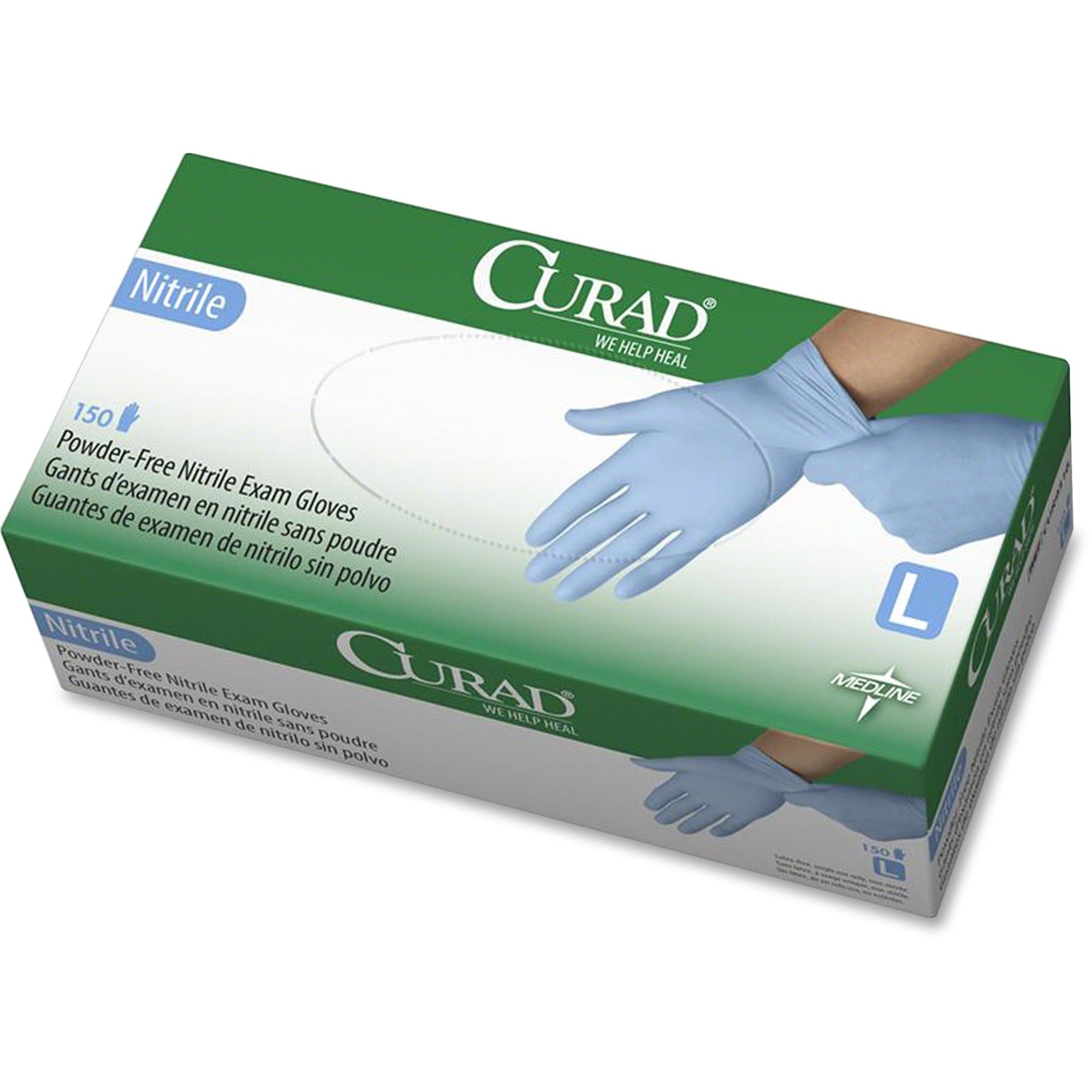Curad Powder-free Nitrile Disposable Exam Gloves - Large Size - Full-Textured Design - Blue - Latex-free, Non-sterile, Chemical Resistant - For Medical - 150 / Box - 9.50" Glove Length - 