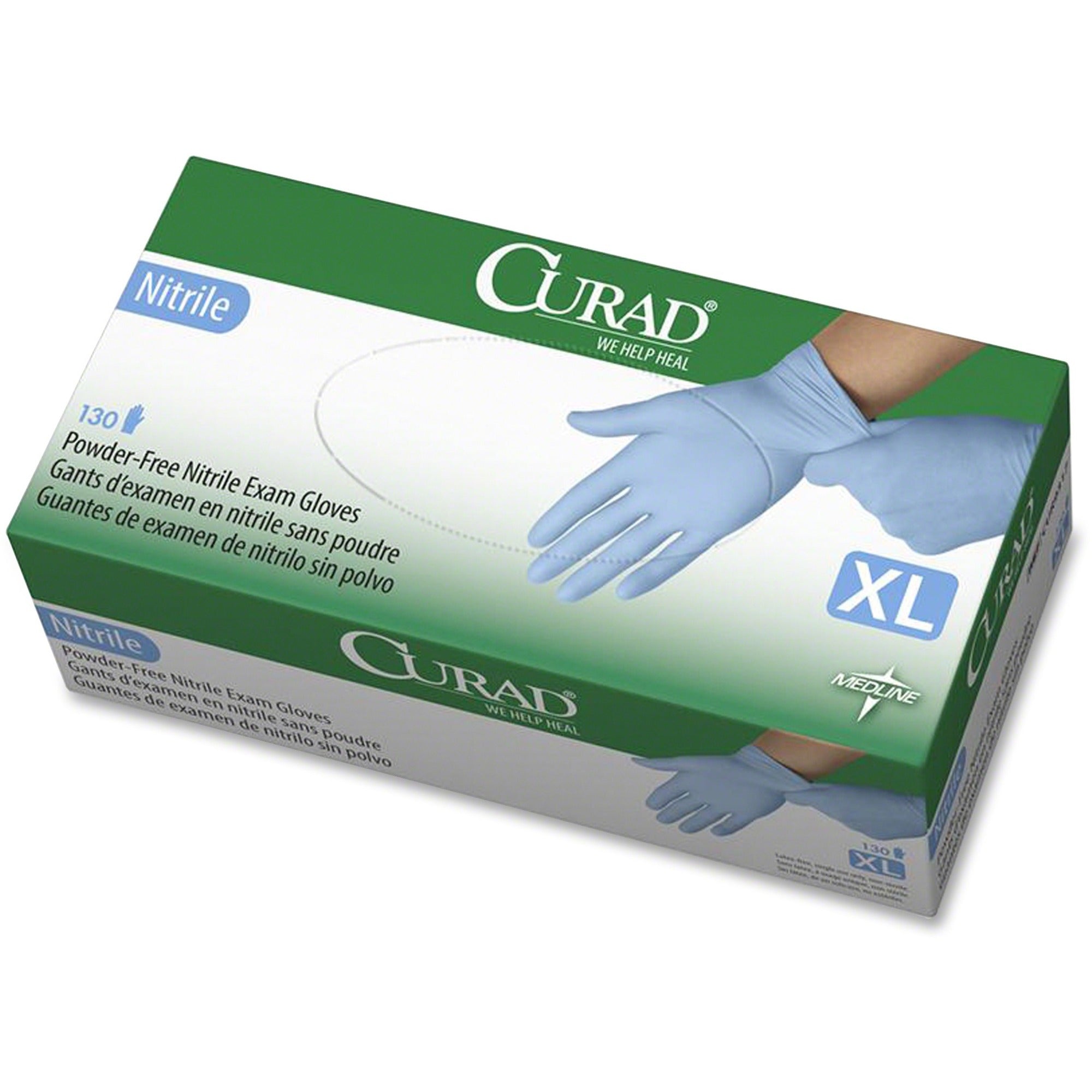 Curad Powder-free Nitrile Disposable Exam Gloves - X-Large Size - Full-Textured Design - Blue - Latex-free, Non-sterile, Chemical Resistant - For Medical - 130 / Box - 9.50" Glove Length - 