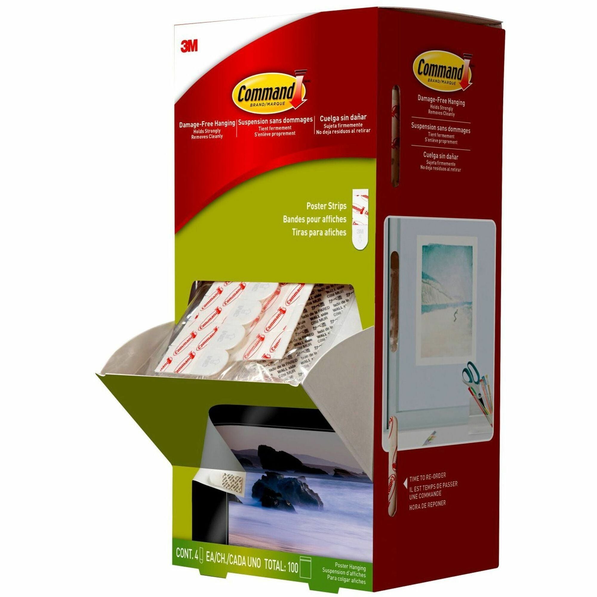 Poster Strips, Removable, Holds Up to 1 lb per Pair, 0.63 x 1.75, White, 4/Pack, 100 Packs/Carton