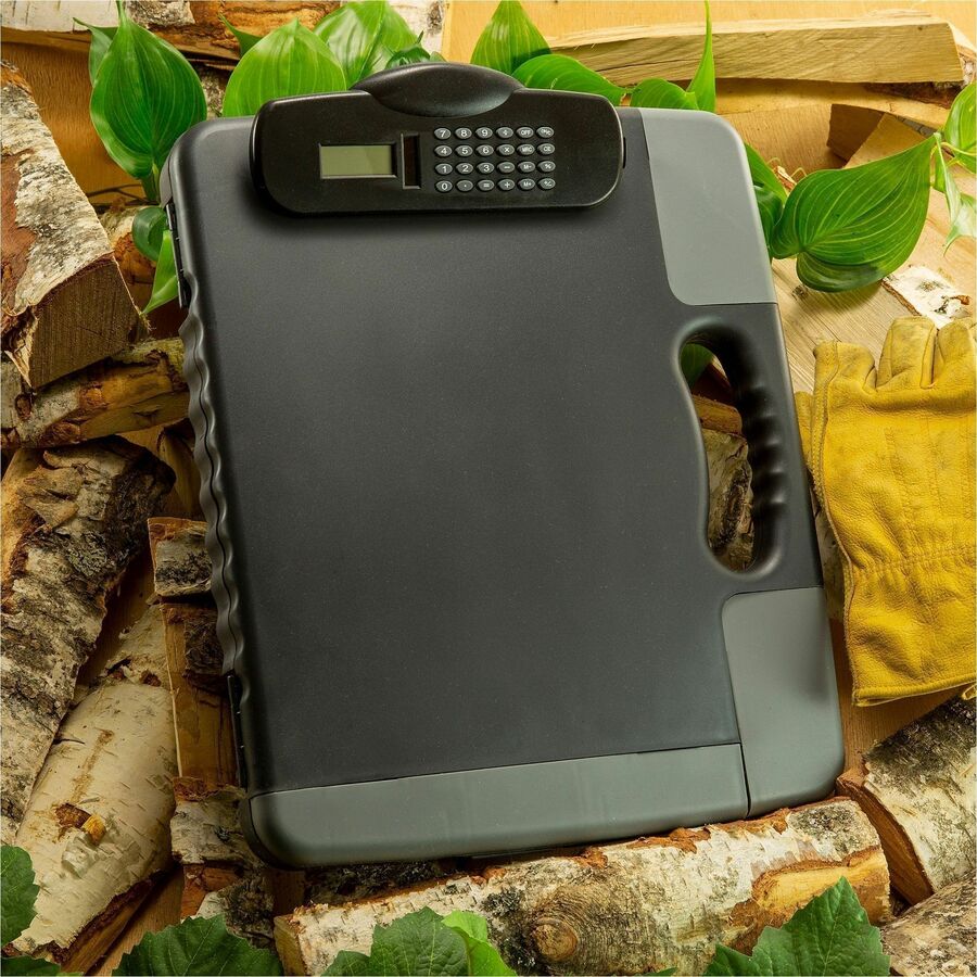 Officemate Portable Storage Clipboard with Calculator - Heavy Duty - Plastic - Charcoal Black - 1 Each