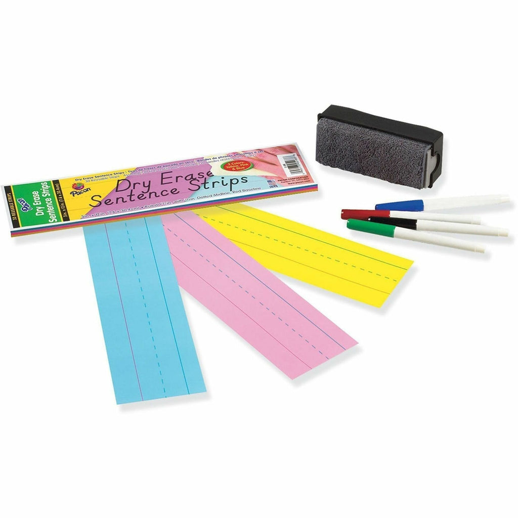 Dry Erase Sentence Strips, 12 x 3, Blue; Pink; Yellow, 30/Pack