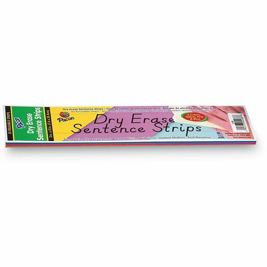 Dry Erase Sentence Strips, 12 x 3, Blue; Pink; Yellow, 30/Pack