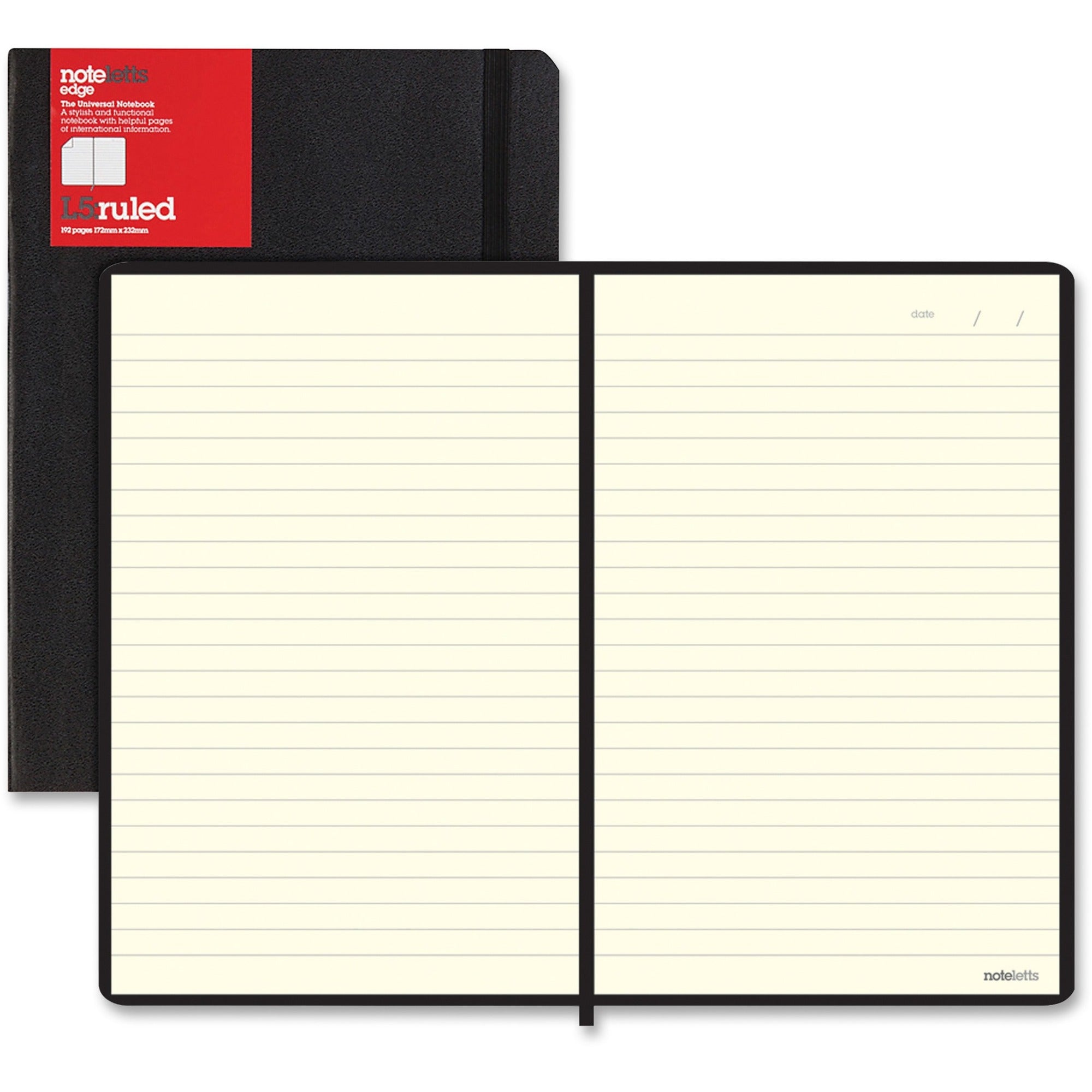 Letts of London L5 Ruled Notebook - Sewn9" x 6" - Black Cover - Elastic Closure, Flexible Cover, Pocket - 1 Each - 