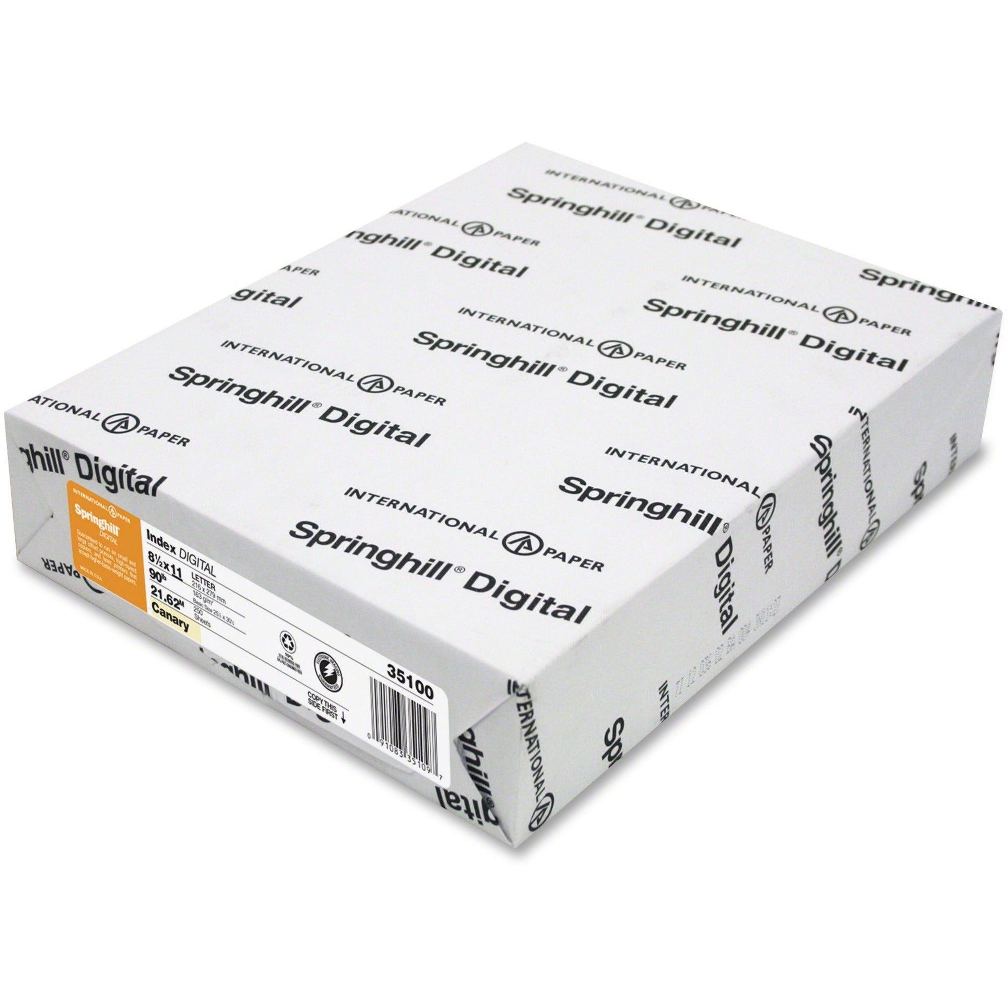 Springhill Multipurpose Cardstock - Canary - 92 Brightness - Letter - 8 1/2" x 11" - 90 lb Basis Weight - Smooth, Hard - 250 / Pack - Acid-free - Canary - 